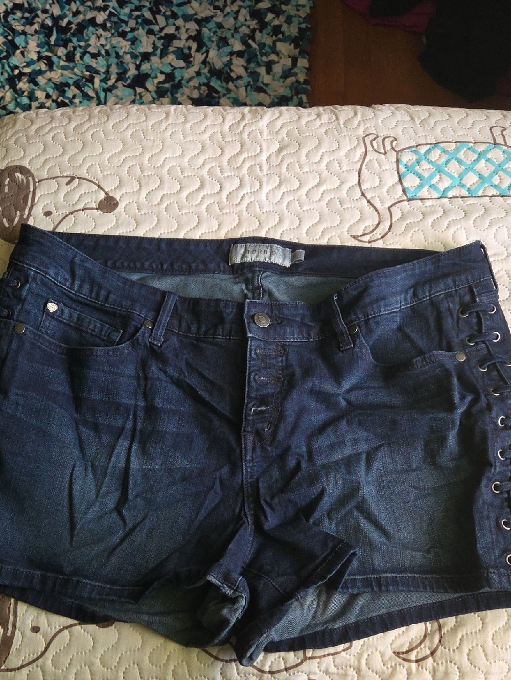 torrid Dark Blue Denim Boyfriend Shorts with Side Lace-Up. Button Fly.